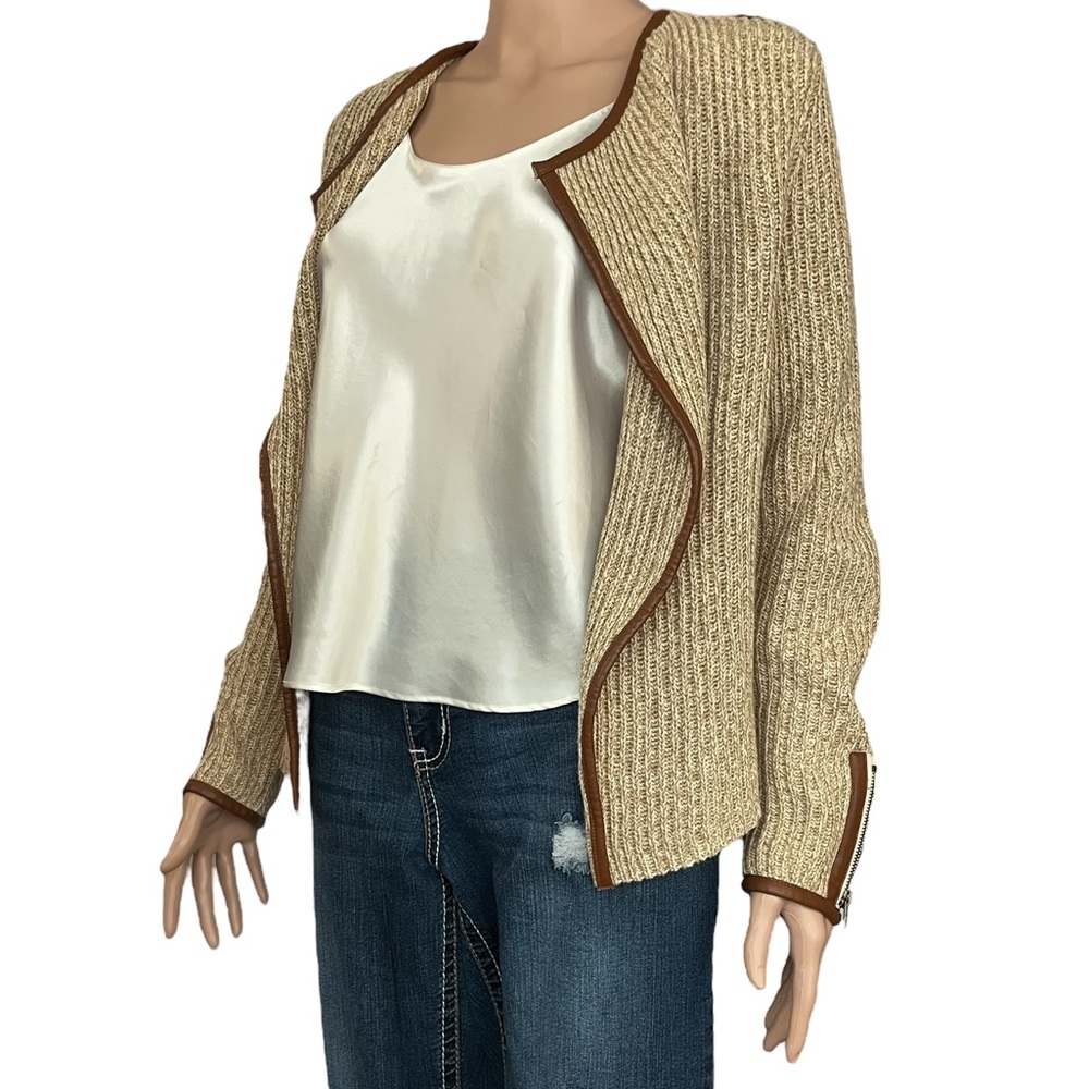 NWOT Lucky Brand Open Faux Leather Edged Sweater, Browns |M - Picture 4 of 15